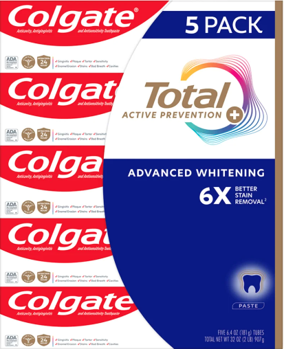 Colgate Total Active Prevention Plus Advanced Whitening Toothpaste 6.4 oz 5-pack